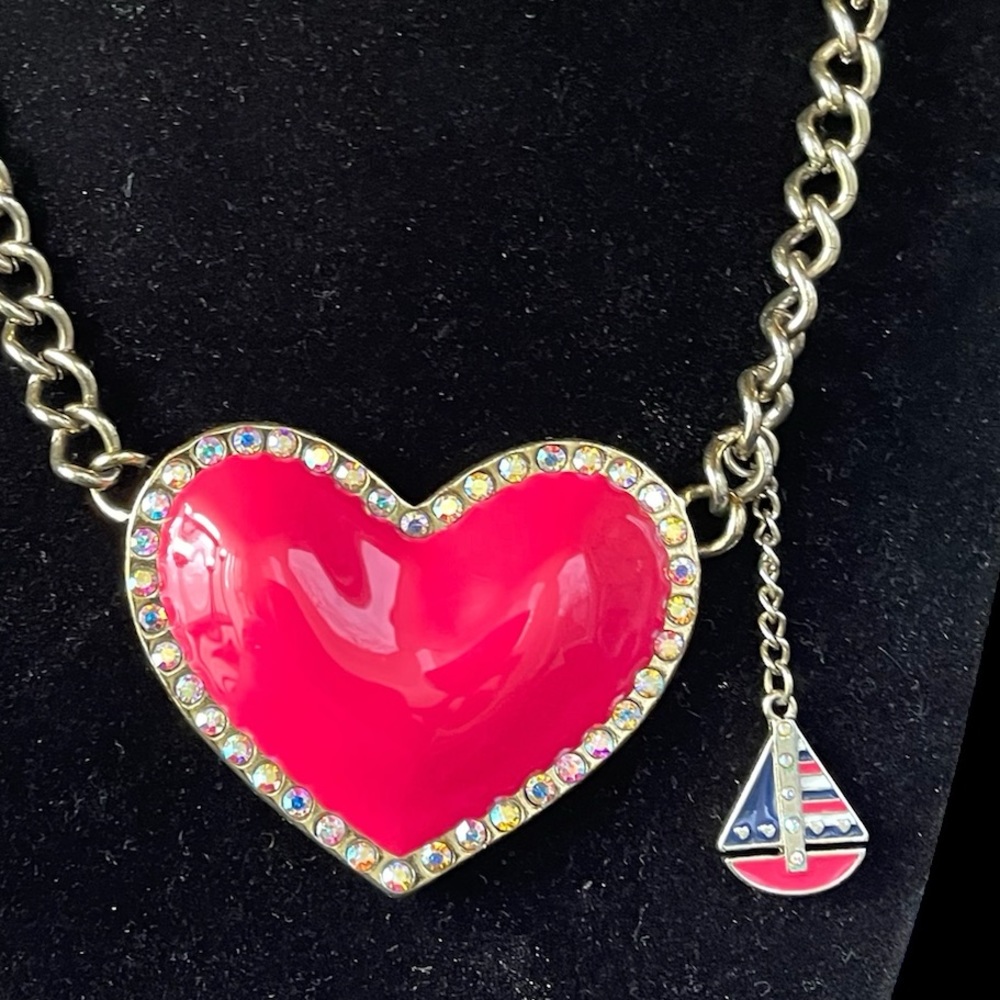 Betsy Johnson Ivy League Large Pink Enameled Heart w Sailboat Charm Necklace